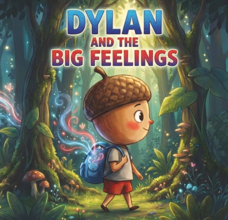 Book cover of Dylan and the Big Feelings: Dylan the Acorn walking through a magical forest with colorful swirls