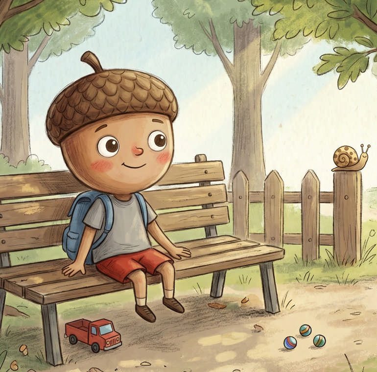 Dylan the Acorn sitting calmly on a park bench β official artwork