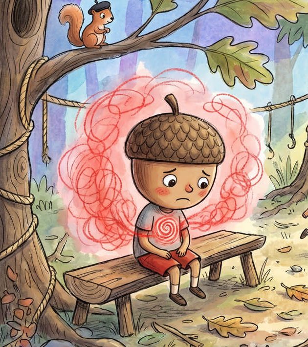Dylan the Acorn sitting on a bench with a red swirl of feeling, his squirrel friend watching from a branch — official artwork