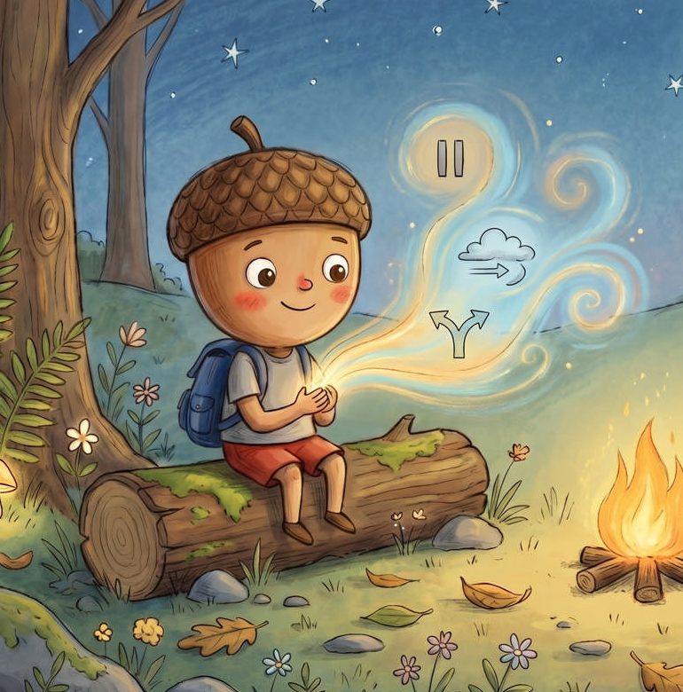 Dylan the Acorn sitting on a log by a campfire, calmly holding a glowing light — official artwork from the book