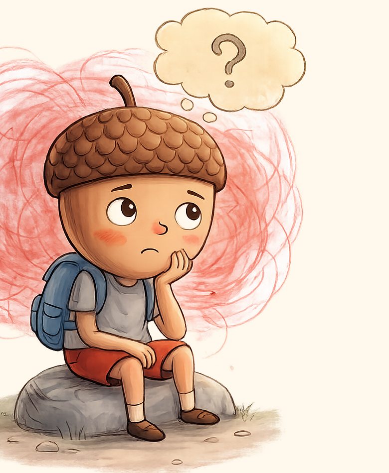 Dylan the Acorn with a swirling red feeling around him β official artwork