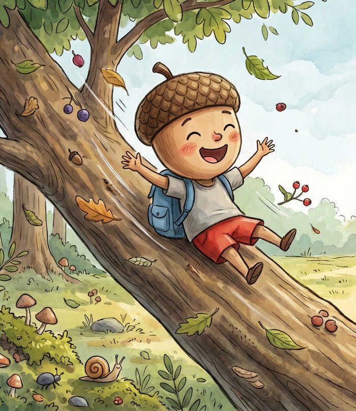 Dylan the Acorn joyfully sliding down a tree trunk — official artwork from the book