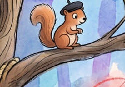 Dylan's squirrel friend wearing a beret, sitting on a branch β official artwork